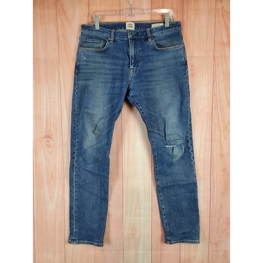Flint and Tinder Mens Jeans 31 X 29 Blue Denim Distressed Slim-Fit Straight Leg